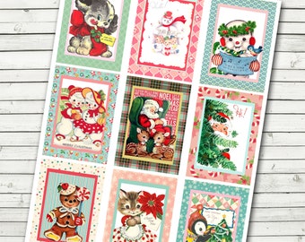 May include: A sheet of vintage Christmas themed printable stickers. The stickers feature a variety of holiday characters and scenes, including Santa Claus, a snowman, a penguin, a gingerbread person, a cat, and a dog. The stickers are printed on a white background with a variety of colorful patterns.