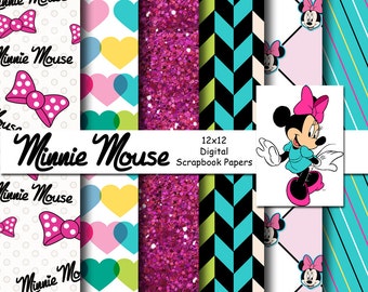 Minnie Mouse Inspired 12x12 Digital Scrapbook Paper Backgrounds -INSTANT DOWNLOAD -