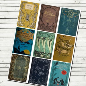May include: A collage of vintage book covers with a Halloween theme. The covers feature illustrations of spiders, moths, butterflies, ghosts, and witches. The text on the covers includes titles such as "Spiders", "The Witching Hour", "Dreams Ghosts", "Moths and Butterflies", and "Evils of the Cities".