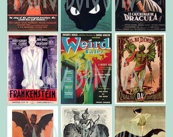 Può includere: Un collage di locandine di film horror vintage con mostri classici come Dracula, Frankenstein e il Gatto Nero. Le locandine sono di vari colori e presentano illustrazioni dei mostri. Le locandine sono disposte in una griglia e hanno un'estetica vintage.