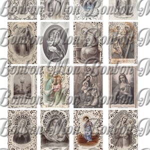 May include: A collage of 12 vintage religious images featuring the Virgin Mary and Jesus Christ. The images are printed on paper and framed with lace borders. The images are in black and white and have a faded, antique look.
