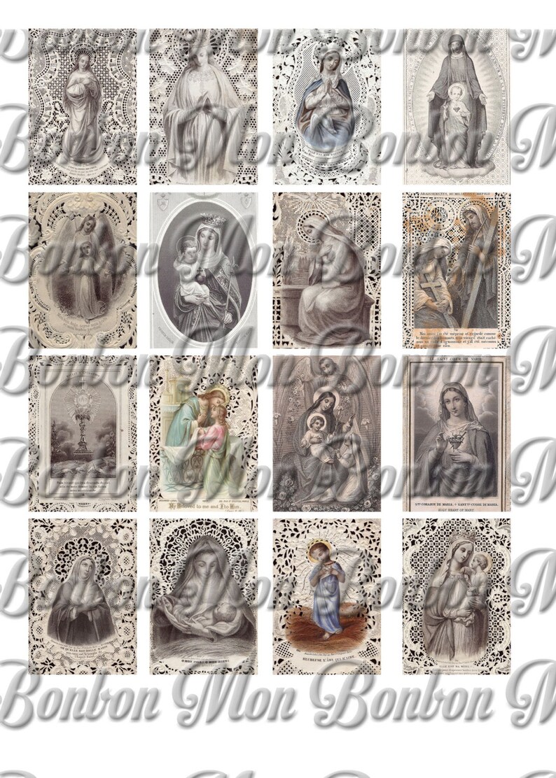 May include: A collage of 12 vintage religious images featuring the Virgin Mary and Jesus Christ. The images are printed on paper and framed with lace borders. The images are in black and white and have a faded, antique look.