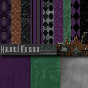 May include: A set of 10 digital scrapbook papers featuring a haunted mansion theme. The papers include various patterns in black, purple, green, and brown. The papers are 8.5 x 11 inches.