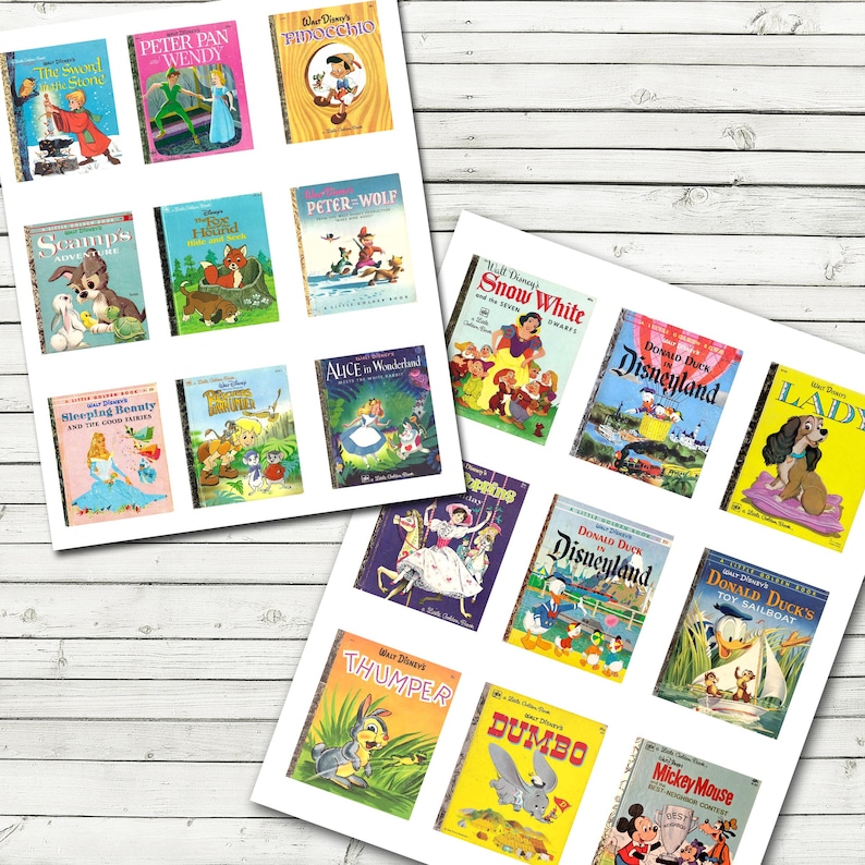 Pu&ograve; includere: Una collezione di libri vintage Disney Little Golden Books con personaggi classici come Peter Pan, Biancaneve e Paperino. Le copertine sono colorate e presentano illustrazioni dei personaggi.