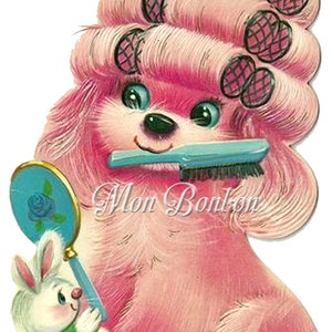 Cute Retro Pink Puppy in Curlers Clip Art Illustration .PnG and .JPG - DiY Printable - INSTANT DOWNLOAD