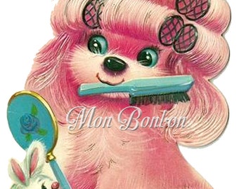 Cute Retro Pink Puppy in Curlers Clip Art Illustration .PnG and .JPG - DiY Printable - INSTANT DOWNLOAD