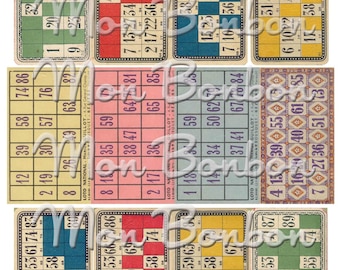 May include: Nine vintage bingo cards with numbers printed on them. The cards are in various colors, including red, blue, green, and yellow. Each card has a different set of numbers, and the numbers are arranged in a grid pattern.