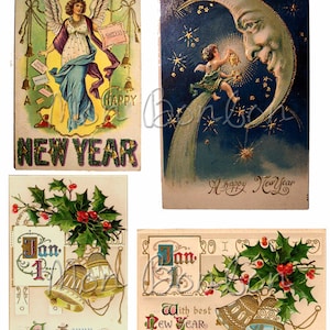 Cartões postais vintage vitorianos de ano novo, folhas de colagem digital para impressão - faça você mesmo - DOWNLOAD INSTANTÂNEO