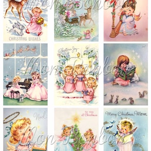 Retro Christmas Angels Digital Clipart Sheet - Pocket Letter Cards - Pastel Christmas - Vintage Pink Christmas Card Images- INSTANT DOWNLOAD