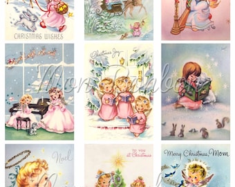 Retro Christmas Angels Digital Clipart Sheet - Pocket Letter Cards - Pastel Christmas - Vintage Pink Christmas Card Images- INSTANT DOWNLOAD