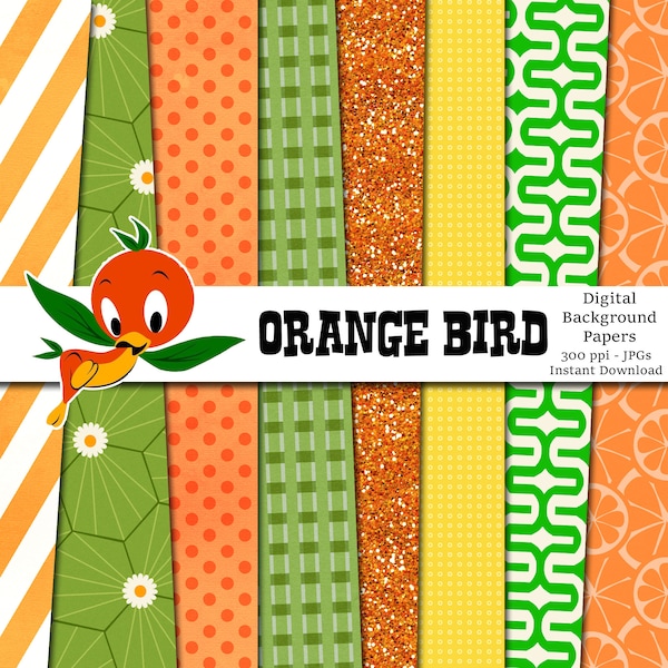 Orange Bird 12x12 Digital Paper Pack for Digital Scrapbooking, Party Supplies, Planner Background, Planner Dashboard - INSTANT DOWNLOAD -