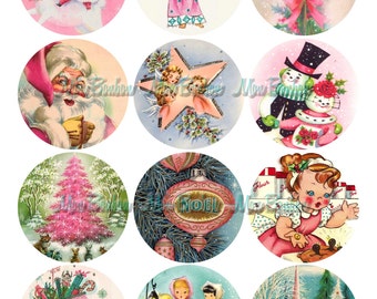 Vintage Retro Christmas 2.5 inch Circles for Tags,Cupcake Toppers, Party Supplies, Scrapbooking - DIY Printables - INSTANT DOWNLOAD