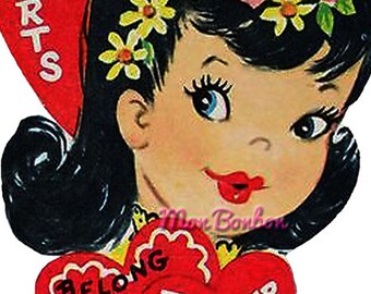 Vintage Valentine Card - 5x7 inches - Digital Image, Our Hearts Belong Together - Digital Clip Art - Instant Download - Retro Valentine