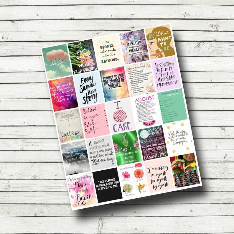 May include: A collection of colorful printable planner stickers with motivational quotes and phrases for the month of August. The stickers feature a variety of designs, including watermelon, rainbows, and flowers.