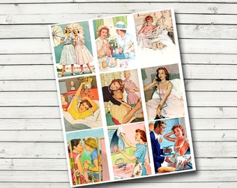 May include: A collage of nine vintage illustrations featuring couples in various settings. The illustrations are in a retro style with bright colors and simple lines. The images depict scenes of everyday life, such as a couple talking on the phone, a couple getting ready for a date, and a couple enjoying a meal together.