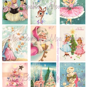 Digital Collage Sheet of Vintage Retro Kitschy Pink and Blue Christmas Cards - DIY Printable - INSTANT DOWNLOAD