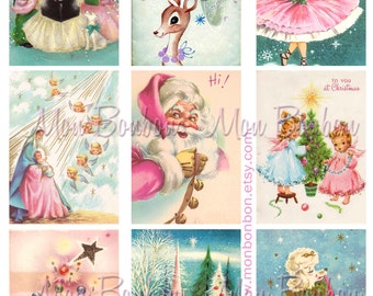 Digital Collage Sheet of Vintage Retro Kitschy Pink and Blue Christmas Cards - DIY Printable - INSTANT DOWNLOAD