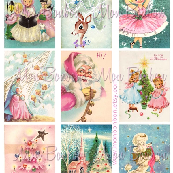 Digital Collage Sheet of Vintage Retro Kitschy Pink and Blue Christmas Cards - DIY Printable - INSTANT DOWNLOAD