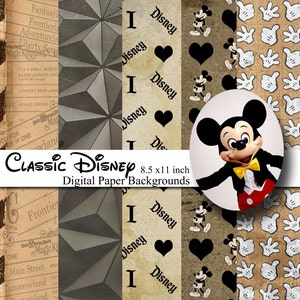 May include: A digital paper pack with six different designs featuring classic Disney characters and themes. The designs include a geometric pattern, a Mickey Mouse hand print pattern, a Mickey Mouse pattern, and a pattern with the text "I love Disney" with hearts. The pack is 8.5 inches by 11 inches.