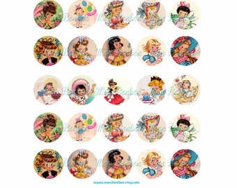 Digital Collage Sheet of Vintage Retro Kitschy Girls - One Inch Circles -1x1inch - bottle cap - INSTANT DOWNLOAD