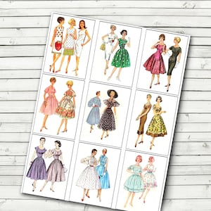 Hoja de collage de moda retro vintage para damas de mediados de siglo - DESCARGA INSTANTÁNEA - ATC, cartas de bolsillo, mini arte, etiquetas, etc. Digital