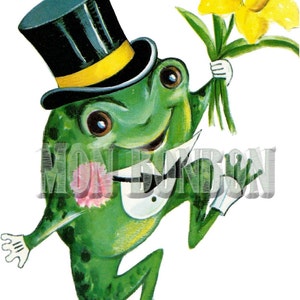 May include: A whimsical illustration of a green frog wearing a top hat with a yellow band and holding a bouquet of yellow daffodils. The frog is dressed in a tuxedo and stands on a lily pad. The image has the text "MONDBON" across the frog's body.