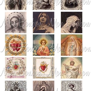 May include: A collage of 16 vintage religious images featuring various depictions of Jesus, Mary, and the Sacred Heart. The images are in a variety of styles, including paintings, drawings, and prints. Some of the images are in color, while others are in black and white.