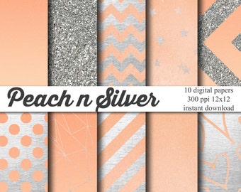 Könnte beinhalten: Set mit 10 digitalen Papieren in Pfirsich- und Silberfarben. Die Papiere zeigen verschiedene Muster, darunter Glitzer, Chevron, Punkte, Streifen und geometrische Designs. 300 ppi, 12x12 Zoll, sofortiger Download.