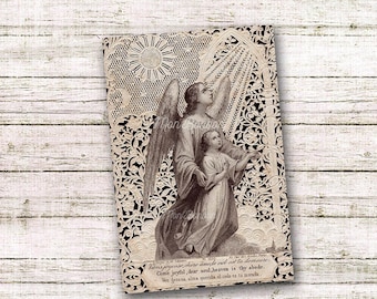 Vintage Gebetskarte mit Engel - Digitaler Download - Vintage Religiöse Gebetskarte - Sofortiger Download - Druck zu Hause - 4x6 Zoll - Doily