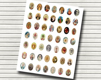 Vintage Religious Sacred Heart 18x25mm Ovals Digital Clipart - Jesus, Madonna, Guadalupe, Prayer Cards, Pendant Clipart - INSTANT DOWNLOAD