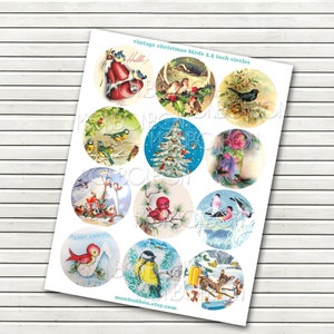 Vintage Retro Christmas Birds 2.5 and 2.75 inch Circles for Tags Cupcake Toppers Ornaments Scrapbooking - DIY Printables - INSTANT DOWNLOAD