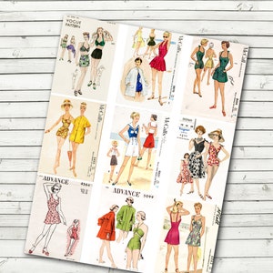 May include: A collection of vintage sewing patterns for swimwear. The patterns are from McCall's and Advance pattern companies. The patterns feature a variety of styles, including one-piece swimsuits, two-piece swimsuits, and skirts. The patterns are printed on white paper with black ink.