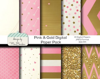 May include: A digital paper pack with 10 pink and gold patterned papers. The patterns include arrows, stars, hearts, stripes, glitter, and chevron designs. The text "Pink & Gold Digital Paper Pack" is displayed on the image.