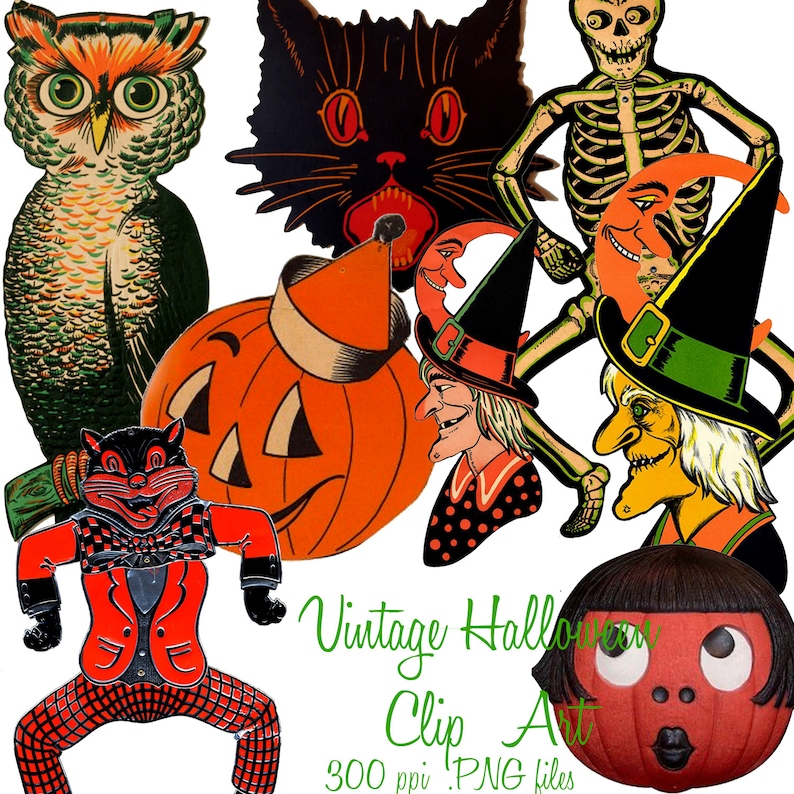8 Vintage Halloween Clip Art Images .png DIY Printable Etsy