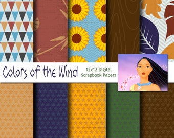 Pocahontas Inspired 12x12 Digital Paper Backgrounds for Digital Scrapbooking, Party Supplies, etc -INSTANT DOWNLOAD -