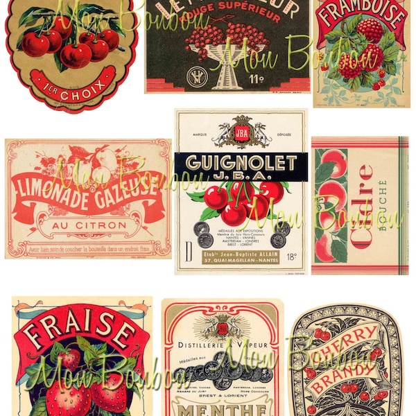 Vintage Fruit, Cherries, Strawberries Label Ephemera Digital Collage Sheet - DIY Printable - INSTANT DOWNLOAD