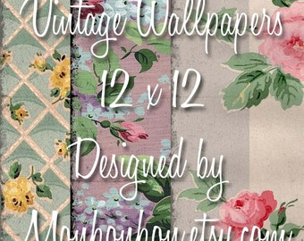 May include: Vintage floral wallpaper patterns in pink, green, and blue with a white background. The wallpaper is 12 inches by 12 inches and designed by Mouboubou.etsy.com.