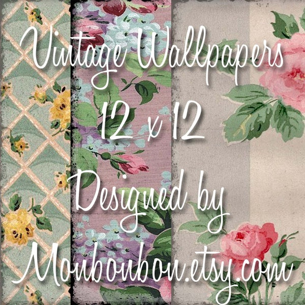 Three 12 x 12 Vintage Shabby Retro  Distressed Wallpaper Digital Printable Scrapbook Papers - Instant Download