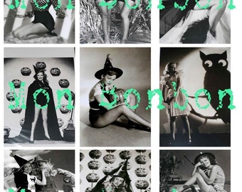 Vintage Retro Halloween Pin Ups Photographs Digital Collage Sheet - INSTANT DOWNLOAD