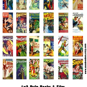 Digitalt collageark med vintage Pulp Fiction-böcker och film, 1x2 tum, för Domino Art - DIREKT NEDLADDNING