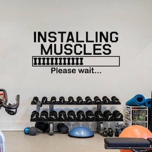 Installing Muscles Please Wait Wall Decal Sticker. Funny Wall Quote for Home Gym and Fitness Rooms.