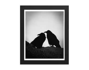 May include: Black and white framed print featuring two silhouetted crows perched on a textured surface. The birds are facing each other, with their beaks nearly touching. The artwork is set against a bright, overcast sky.