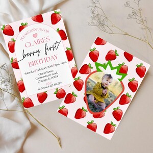 Beere zum ersten Geburtstag Einladung bearbeitbar 1. Geburtstag Mädchen einladen Druckbare Erdbeere ersten Geburtstag Mädchen Einladung Vorlage Berry Sweet