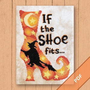If the Shoe Fits | Halloween Cross Stitch Pattern PDF | Orange Witch Boot & Broom Silhouette | Magic Embroidery | Spells and Stars Decor