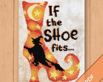 If the Shoe Fits | Halloween Cross Stitch Pattern PDF | Orange Witch Boot & Broom Silhouette | Magic Embroidery | Spells and Stars Decor