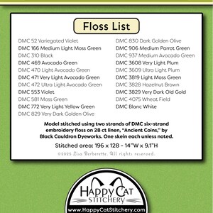 May include: A cross-stitch pattern chart titled "Potions" with a floss list. The chart includes a list of DMC thread colors. The Happy Cat Stitchery logo is at the bottom, with the text "Designs to keep you in stitches!"