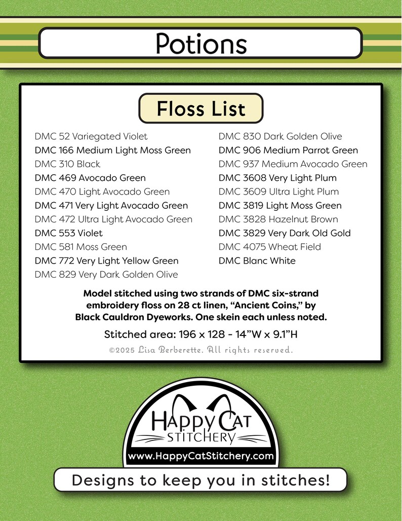 May include: A cross-stitch pattern chart titled "Potions" with a floss list. The chart includes a list of DMC thread colors. The Happy Cat Stitchery logo is at the bottom, with the text "Designs to keep you in stitches!"