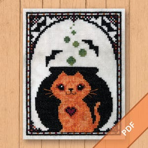 Kitty Cauldron | Halloween Cross Stitch Pattern PDF | Orange Cat, Bats, Cauldron | Witchy Embroidery | Spells & Magic Decor
