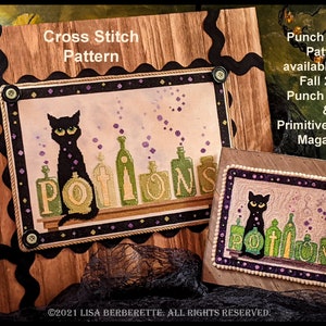 May include: Cross stitch pattern featuring a black cat and potion bottles. The word "POTIONS" is displayed on the bottles. The pattern is framed with a decorative border and the text "Cross Stitch Pattern" is visible. The image also includes the text "Punch Needle Pattern available in the Fall 2021 Punch Needle & Primitive Stitcher Magazine!"