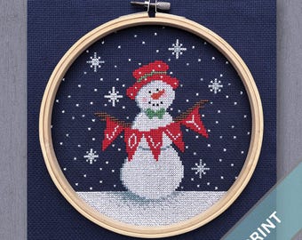 Jolly Snowman | Printed Christmas Cross Stitch Pattern | Red Hat Snowman with Banner | Winter Embroidery Design | Snowy Holiday Decor